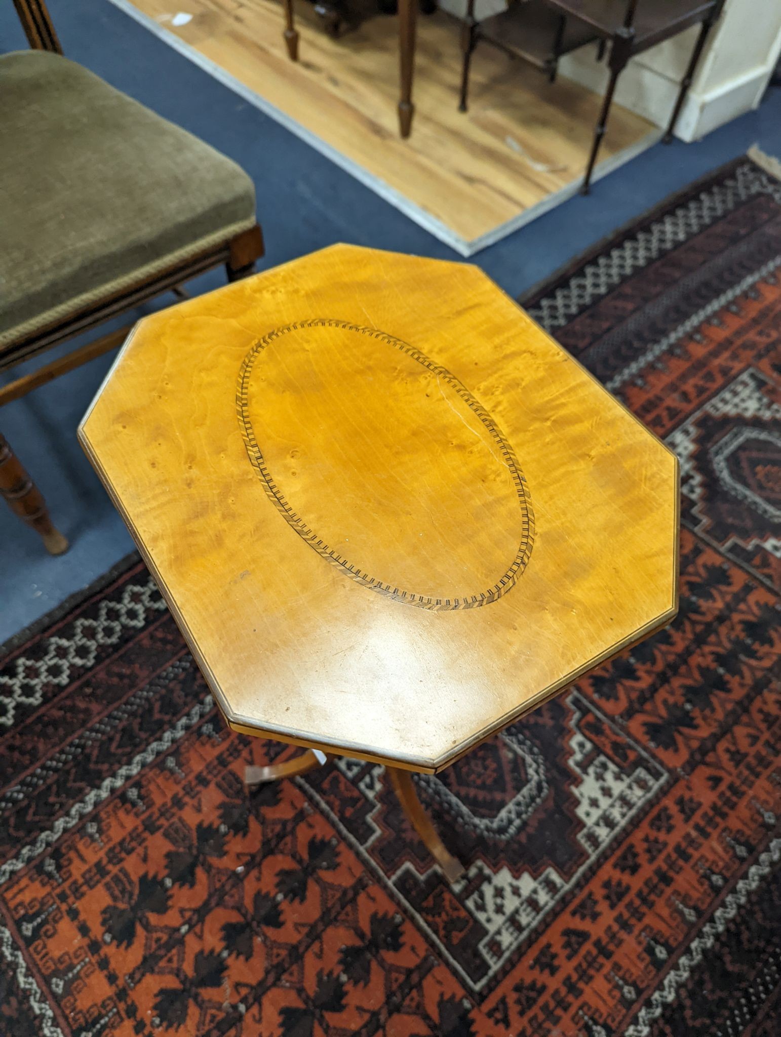 A Sheraton revival satinwood tripod table, with inlaid octagonal top, width 30cm depth 26cm height 68cm